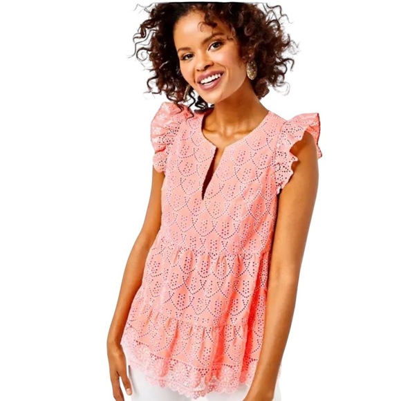 Lilly Pulitzer Keila Peach Hyacinth Floral Arch Eyelet Ruffle Sleeve Top- Size 6 - Picture 1 of 16